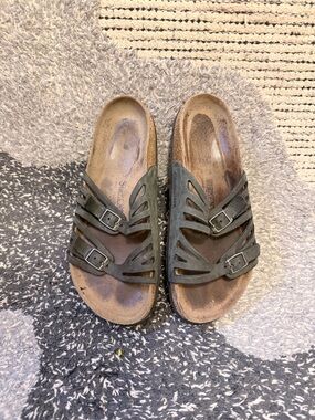 Birkenstock Black Leather Two-Buckle Slide Sandals